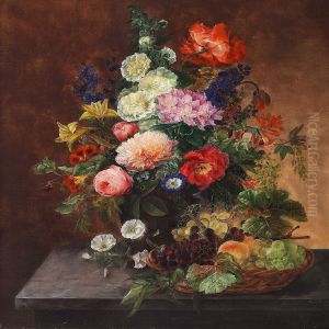 Various Flowers In A Vase And Fruit In A Basket On A Table by Henriette Melchior