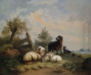 Schafe, Widder Und Ziege Am Gatter by Wilhelm Melchior