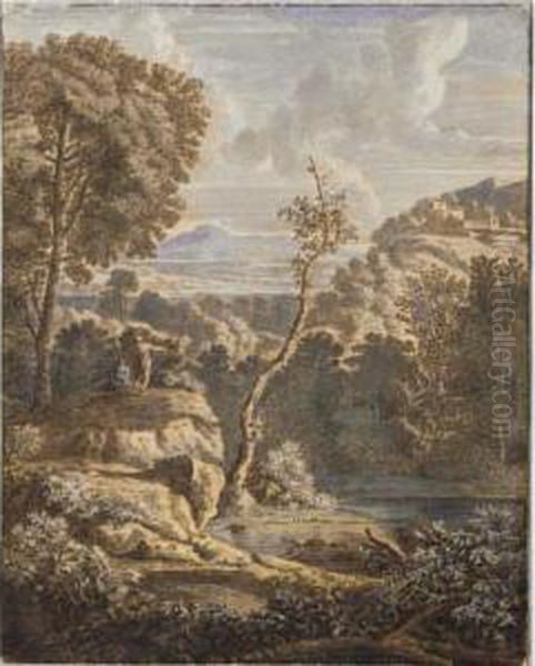 Two Figures Standing On A Rock Overlooking A Pool, With Mountains In The Background - view 1