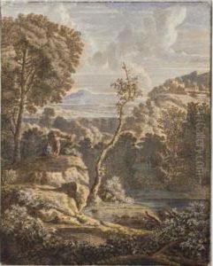 Two Figures Standing On A Rock Overlooking A Pool, With Mountains In The Background by Gerard Melder
