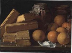 Oranges, Nuts, Spices, Boxes Of Sweetmeats, A Jug And A Cask On A Table