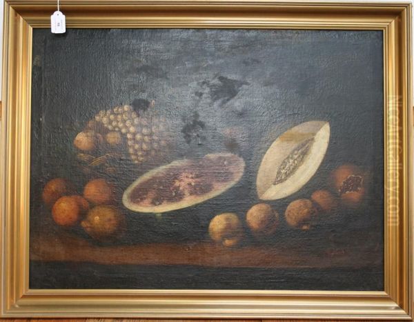 Still Life Study Of Grapes, Melon, Apples, Lemons And A Basket - view 1