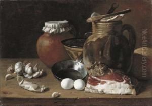 Ham, Eggs, Cloves Of Garlic, Bread, Terracotta Pots And A Frying Pan On A Wooden Ledge