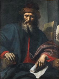 Ritratto Di Un Farmacista A Mezza Figura, In Poltrona, Con Cappelloviola Bordato Di Pelliccia Ed Abito Rosso, Mantello Blu Foderato Ditaffetas Viola, Con Un Trattato Di Galeno Ed Un Erbario, Ed Uncartiglio Nella Mano Sinistra