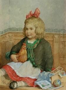 Kleines Madchen Mit Roter Schleife Im Haar Und Spielsachen. Aquarell Auf Karton, Am Rand Auf Die Unterlage Montiert. 32 X 24 Cm. Unter Glas Gerahmt.