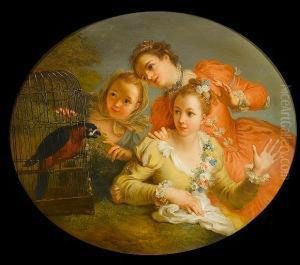Three Young Girls With A Blue Parrot In A Cage by Joseph Melling