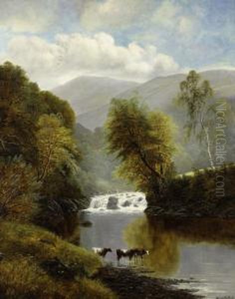 Mountainous Landscape With Cattle And A Waterfall - view 1