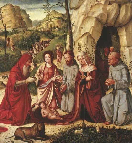 The Adoration Of The Child With Saints Francis Of Assisi, Jerome, Catherine Of Alexandria And Bernardino Of Siena, The Shepherds And Journey Of The Magi Beyond - view 1