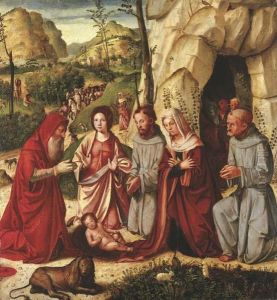 The Adoration Of The Child With Saints Francis Of Assisi, Jerome, Catherine Of Alexandria And Bernardino Of Siena, The Shepherds And Journey Of The Magi Beyond by Altobello Meloni