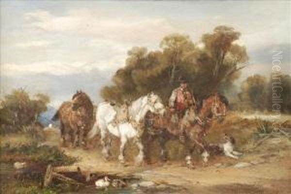 Horses Passing A Pond - view 1