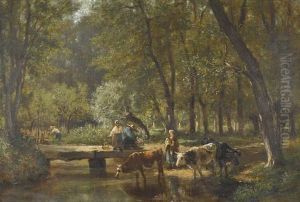 Waldpartie Mit Kuhen Bei Einem Bach