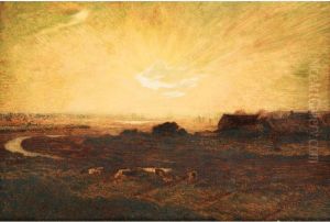 Soleil Couchant [; Sunset, Oil On Panel, Signed] by Rene Joseph Menard