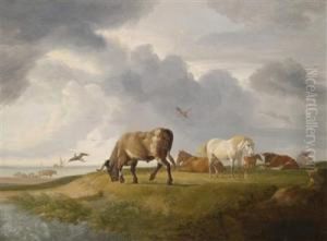 Cows And Horses Grazing On A Coast by Johann Heinrich Menken