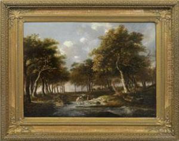 Grose Norddeutsche Waldlandschaft Mit Bauern An Der Tranke - view 1