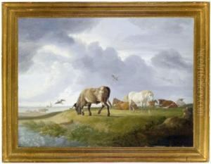 Mucche E Cavalli Al Pascolo Lungo La Costa by Johann Heinrich Menken