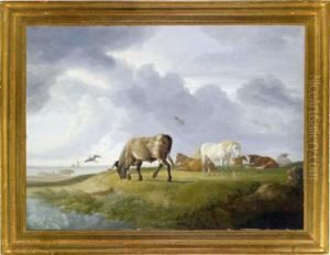 Mucche E Cavalli Che Brucano Lungo La Costa by Johann Heinrich Menken