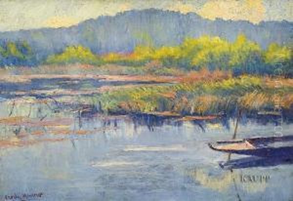 In Impressionistischem Duktus Gearbeitete Idyllische Seenlandschaft Mit Grasbewachsenem Ufer Und Kleinem Nachen - view 1