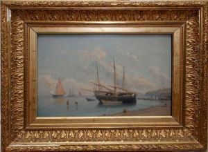 Boats & Figure Son Shoreline by Louis Mennet