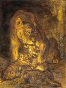 A Lioness And Her Cubs by Cornelis Jan Mension
