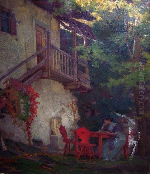 Reading At A Red Garden Table - view 1