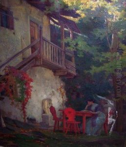 Reading At A Red Garden Table by Wilhelm Menzler Casel
