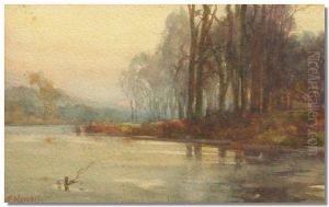 Mercer, River Scenewith Woods Beyond, Watercolour, Signed, 11cms X 18cms