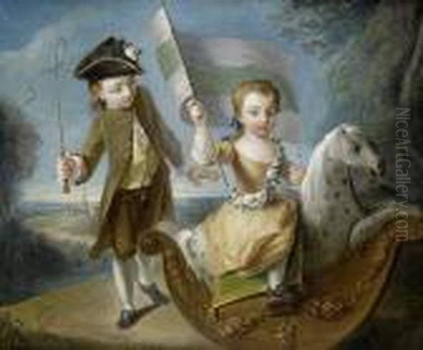 Portrait Of A Young Girl Seated On A Rocking Horse And A Boy Holding A Flag, Before An Open Landscape - view 1