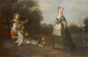 Children Making Music And Playing With A Puppy In An Open Landscape by Philippe Mercier