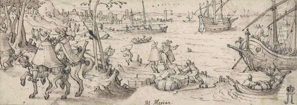 Travellers In A Harbour With Galleons At Anchor - view 1