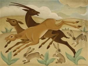 Stylized Desert Landscape With Springbok And Rabbits by Knut Merrild