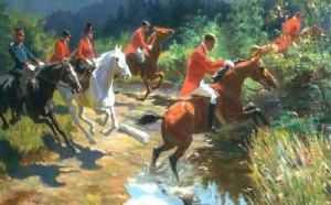 "parforcejagd". In Bergiger, Bewaldeter Landschaft Reitergruppe, Im Galopp Einen Bach Uberquerend. Unten Links Signiert Und Datiert O. Merte 1905