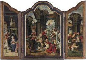 A Triptych: Central Panel: The Adoration Of The Magi by Jan Frans Josephus Mertens