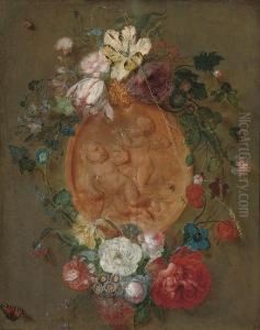A Garland Of Parrot Tulips, Roses, Anemones And Other Flowers, Around A Terracotta Plaque Of Putti Disporting by Jan Frans Josephus Mertens