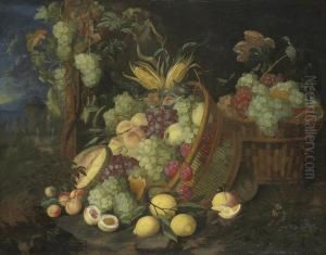 Grapes, Nectarines, Peaches, Plums, Figs And A Melon In An Upturned Basket, In A Landscape by Thomas Mertens