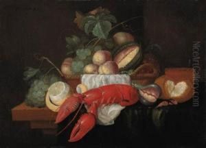 Peaches, Grapes And Other Fruit In A Basket, A Partly Peeled Lemon,a Crayfish And Other Objects On A Partly Draped Ledge by Wouter Mertens