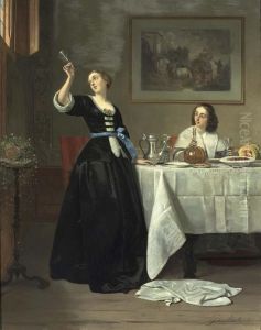 Le Dejeuner: Interieur Mit Zwei Eleganten Damen Um Einen Gedeckten Tisch.
