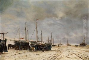 Weite Polderseelandschaft Mit Im Eis Eingefrorenen Segelschiffen