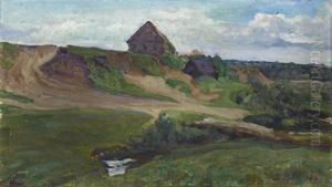 Peasant Huts; Over The Valley by Vassily Nikitich Meshkov