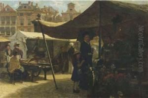 Buying Flowers On The Market On A Sunny Day by Theo Mesker
