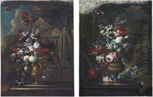 Roses, Tulips, Chrysanthemums And Other Flowers In A Sculpted Copper Urn by Guillermo Mesquida