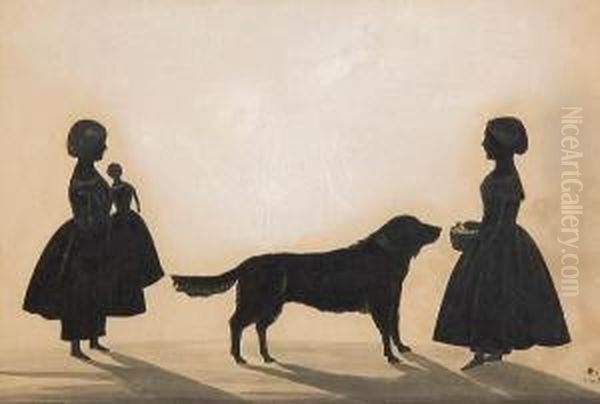 A Silhouette Conversation Piece Of Two Girlsand A Dog, One Girl Holding A Doll And The Other A Basket Offlowers, Signed. - view 1