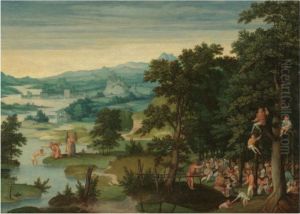 A River Landscape With St John The Baptist Preaching And The Baptism Of Christ by Cornelis Massys