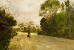 Horsemen In A Forest Landscape by Louis Mettling