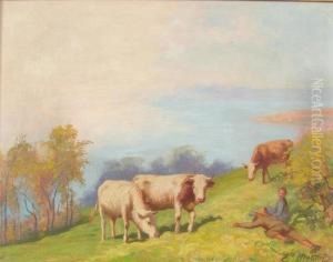 Hirtenidylle Mit Drei Kuhen Oberhalb Eines Sees. by Edouard Louis Aug. Metton