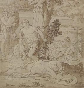Classical Scene, Possibly Apollo And Marsyas by Conrad Martin Metz