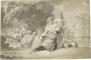 A Shepherd And His Flocks By The Seashore, A Young Man Beside Himpointing To Ships On The Horizon by Conrad Martin Metz