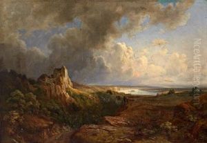 Weite Landschaft Mit Schafherde Vor Dem Gewitter by Kilian Metzinger