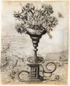 A Title Page For A Book With An Allegorical Subject: At The Centre A Large Vase With Carnations And Peonies by Louis Meunier