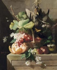 Cesto Con Fiori, Frutta E Uccelli - 1863 by Michaud Meunier