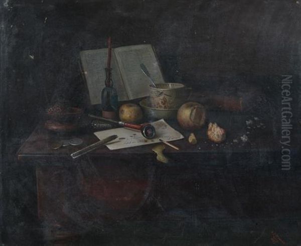 Tabletop Still Life With Pipe, Tobacco, Letter, Candles, Booksand Coins - view 1